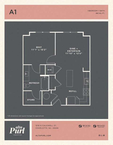 Floor plan for 1 bed, 1 bath, 634 sqft
